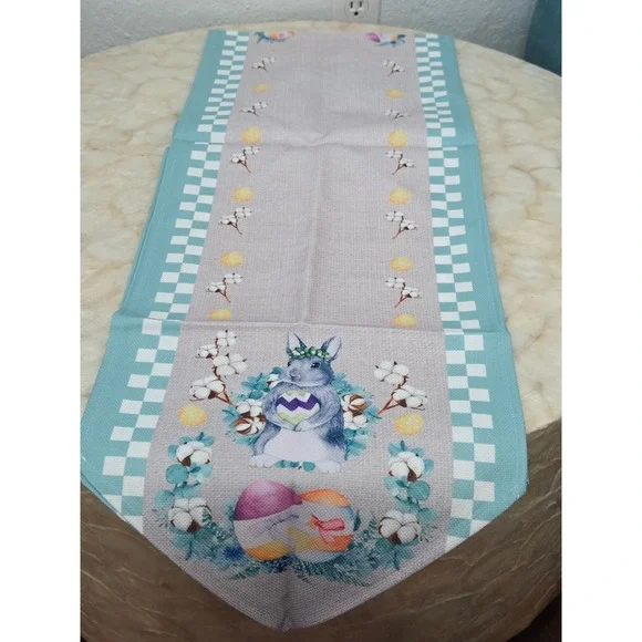 ALAGEO Easter Bunny Table Runner Teal Checkered Cotton Bolls 13x70 - Picture 1 of 3